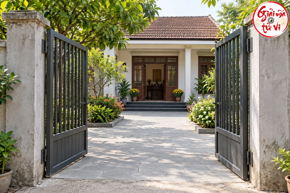 Cổng hai cánh mở vào sân, lối lát gạch và cây ở hai bên