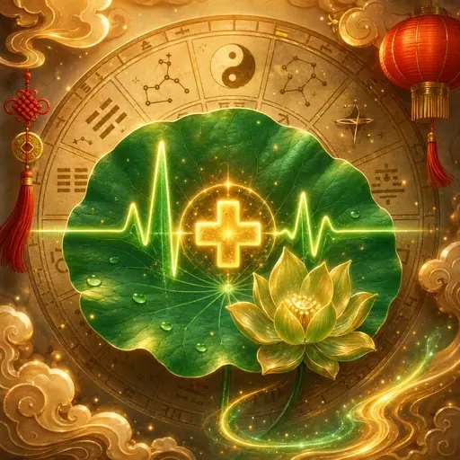 Hoa sen vàng trên lá xanh cùng dấu cộng và đường nhịp sáng trong vòng trang trí