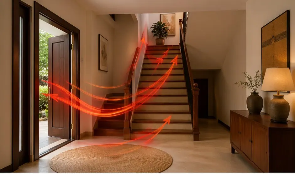 Hóa Giải Cầu Thang Đối Cửa Chính Để Tránh Tán Khí Trong Nhà: nhận diện cầu thang nằm ngay trước cửa chính hoặc đổ thẳng ra cửa trong tiền sảnh, chân cầu thang và phòng khách