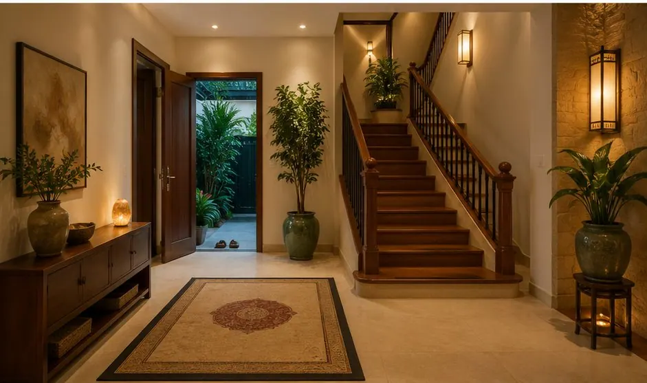 Hóa Giải Cầu Thang Đối Cửa Chính Để Tránh Tán Khí Trong Nhà: vật phẩm và bố cục hỗ trợ làm chậm dòng khí, tăng an toàn di chuyển và tạo tiền sảnh đón khách ổn định