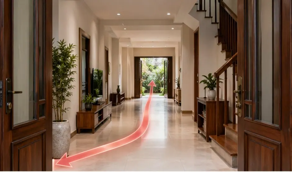 Hóa Giải Cửa Chính Đối Cửa Sau Để Tránh Thất Thoát Tài Lộc: nhận diện cửa chính, cửa hậu hoặc ban công nằm trên một trục thẳng nhìn xuyên qua nhà trong lối vào, phòng khách và cửa sau