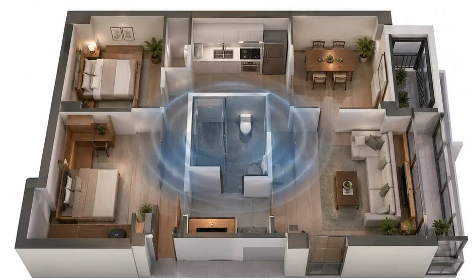 Hóa Giải Nhà Vệ Sinh Giữa Nhà: Cách Giảm Uế Khí Và Ẩm Mốc: nhận diện nhà vệ sinh nằm ở trung tâm nhà hoặc sát vùng sinh hoạt chính trong trung cung, hành lang và khu vệ sinh