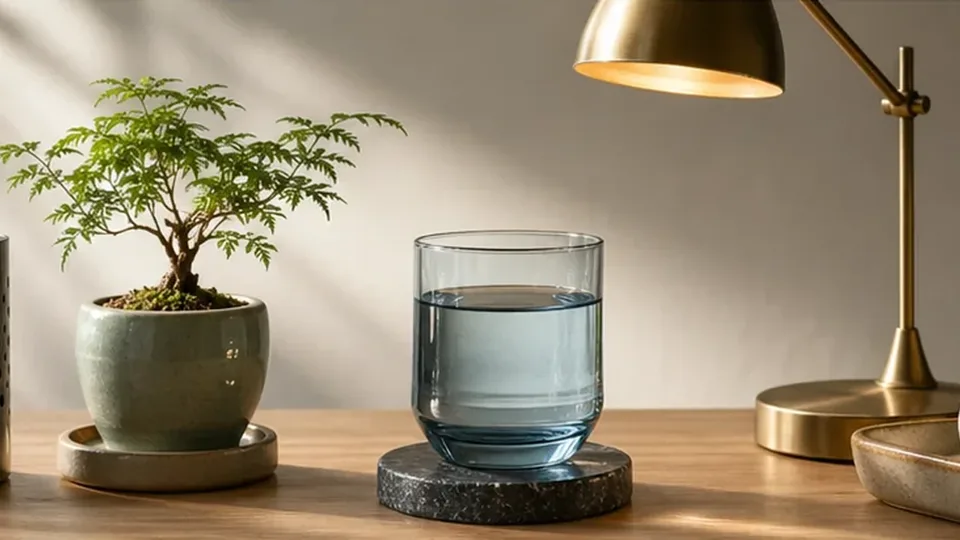 Cốc nước trên đế tròn cạnh chậu cây và đèn bàn màu đồng