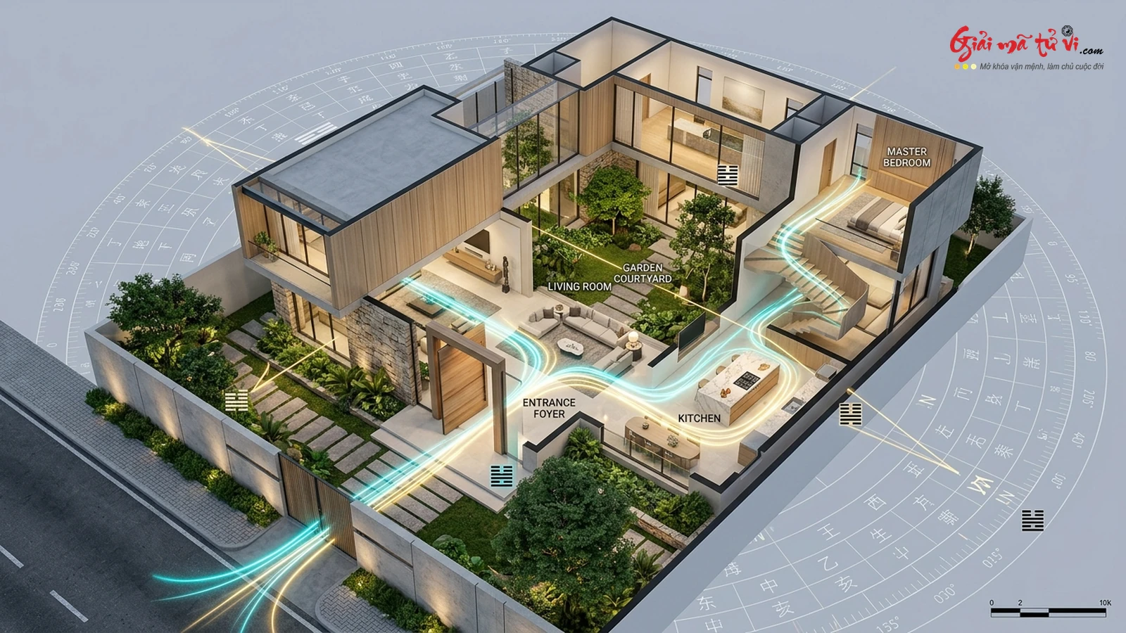 Mặt bằng kiến trúc biệt thự phố ứng dụng Huyền Không Đại Quái định điểm nạp khí cổng cửa và bếp nấu