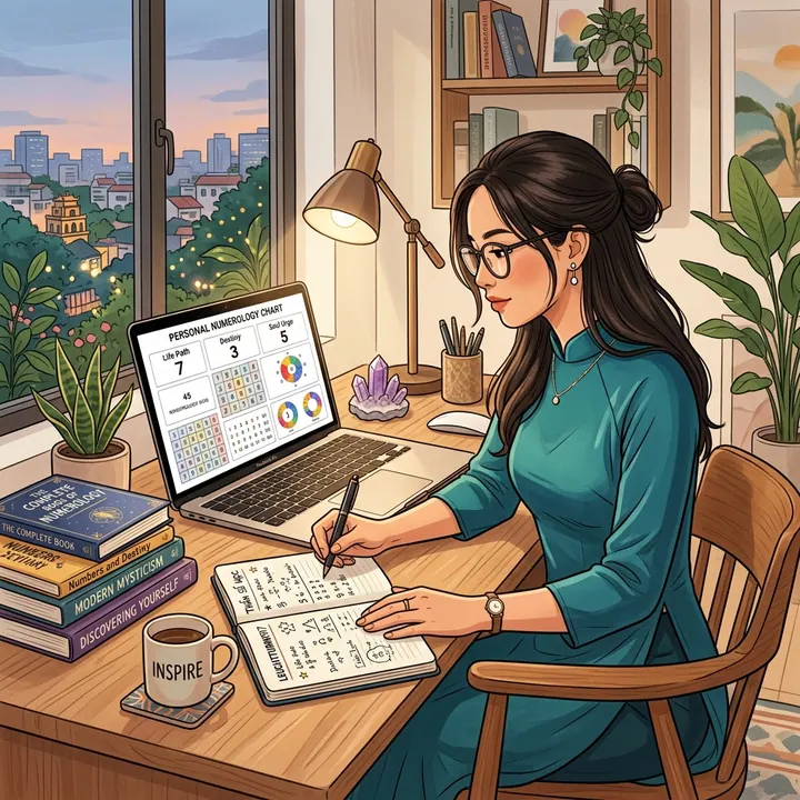 Nữ chuyên viên Việt Nam đang nghiên cứu bản đồ thần số học trên máy tính cá nhân