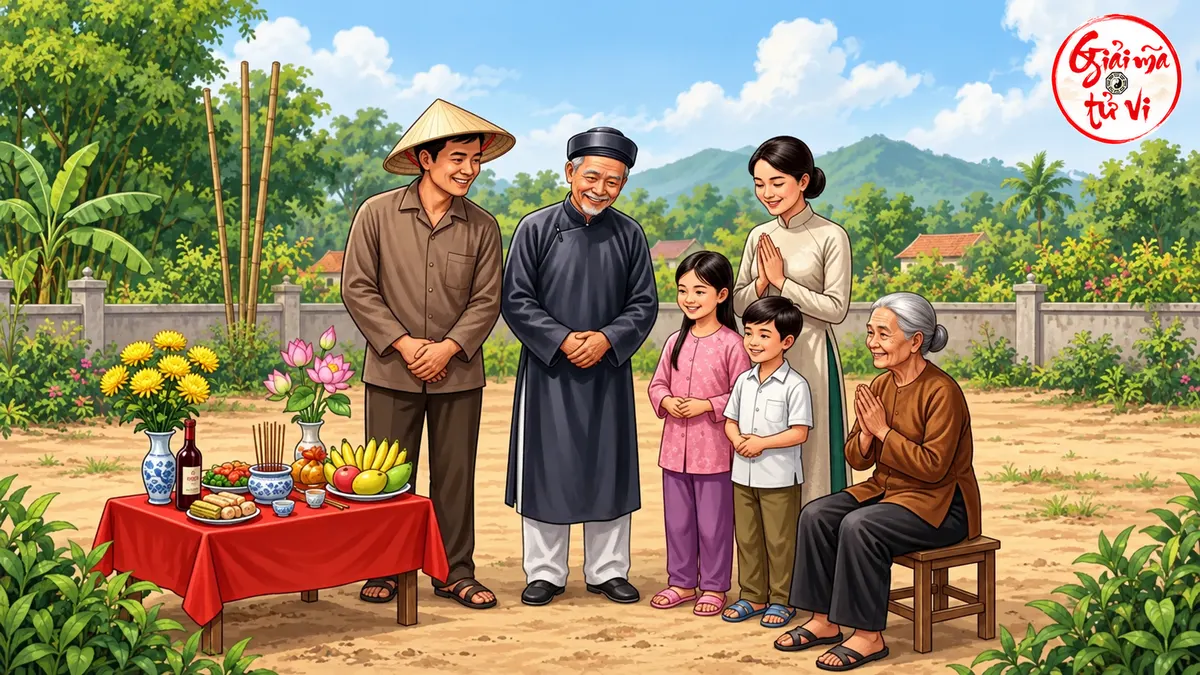 Gia đình đứng và ngồi trên nền đất phẳng cạnh bàn có hoa quả, phía sau là hàng rào và cây, logo góc phải