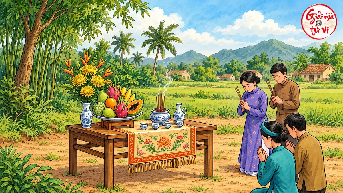 Bàn ngoài trời có hoa, quả, bát hương và chén trước bốn người mặc trang phục truyền thống, logo góc phải