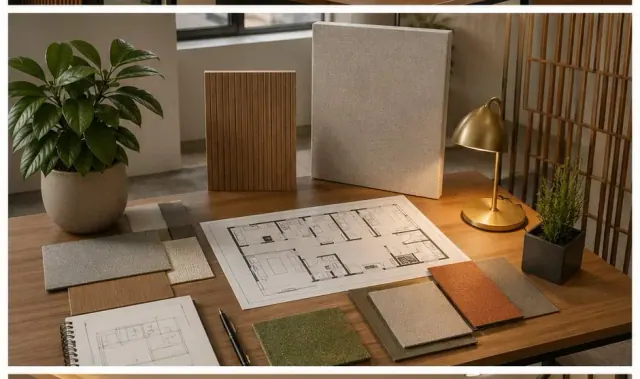 Mẫu vật liệu trên bàn cạnh bản vẽ bố trí nhà và đèn đồng