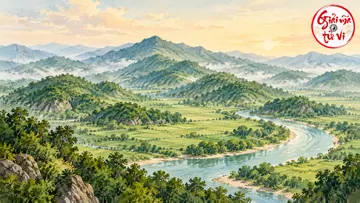 Tranh dãy núi, đồi thấp, thung lũng xanh và sông uốn qua phía trước; logo ở góc trên phải