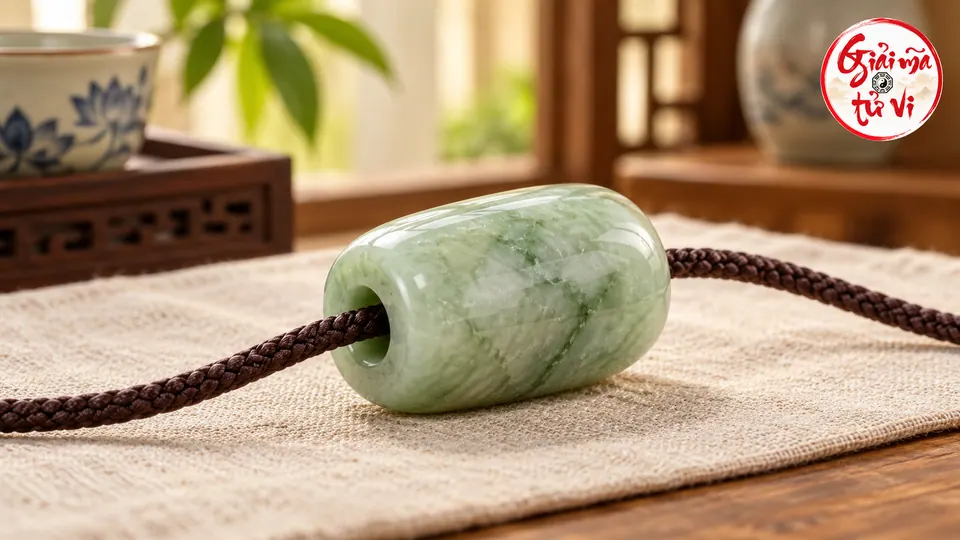 Hạt dạng ống xanh nhạt có dây nâu xuyên qua lỗ, nằm trên vải sáng; logo góc trên phải