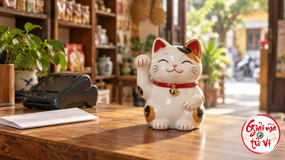 Tượng mèo trắng đốm đen cam đeo vòng cổ đỏ, giơ chân trước bên phải cạnh máy thanh toán trên quầy gỗ