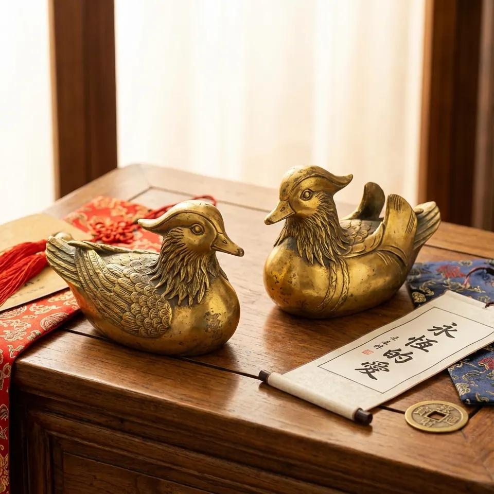 Hai tượng uyên ương màu đồng trên bàn gỗ, cạnh cuộn giấy có chữ và một đồng xu