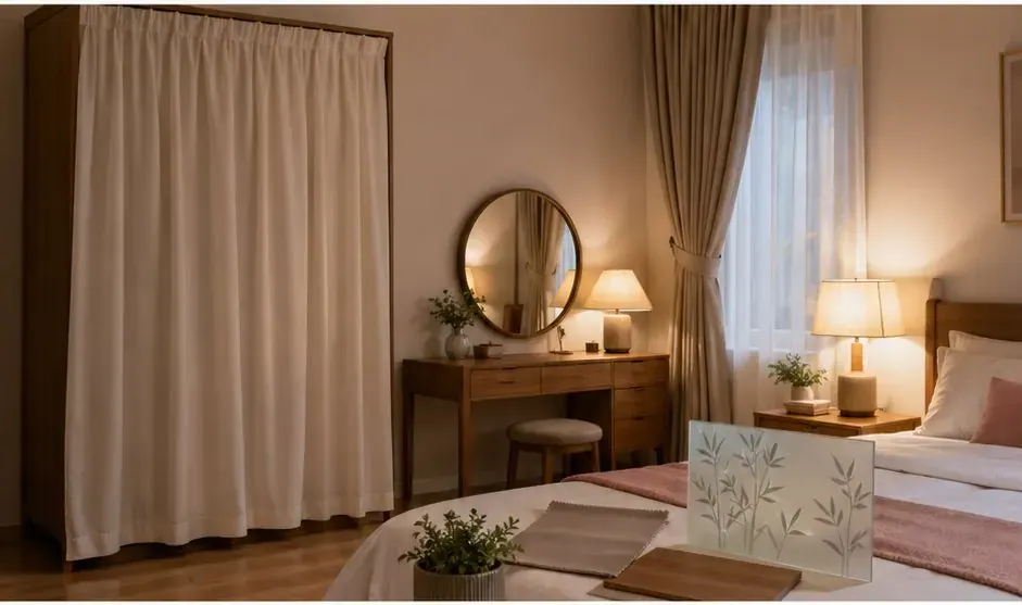 Tủ phủ rèm cạnh bàn phấn có gương tròn, trên giường đặt miếng vật liệu hoa văn và sách