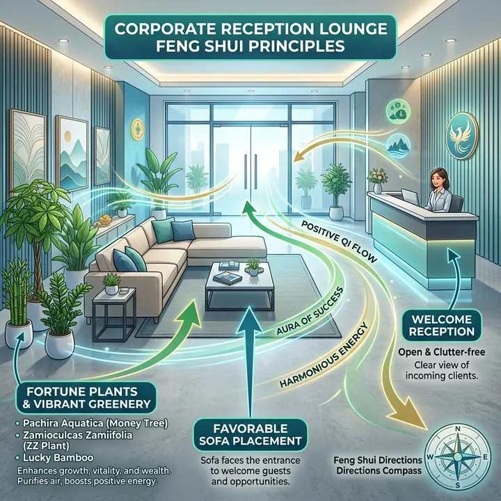 Sơ đồ phong thủy sảnh đón tiếp khách văn phòng với hướng kê sofa và luồng khí nạp tài