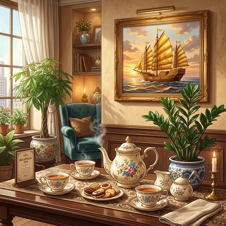Bàn trà tiếp khách sang trọng đặt chậu cây Kim Tiền vượng lộc và ấm trà gốm sứ