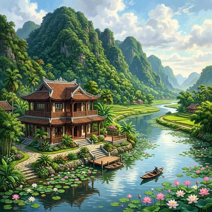 Căn biệt thự sang trọng lưng tựa dãy núi xanh hùng vĩ và mặt hướng dòng sông hoa sen uốn lượn