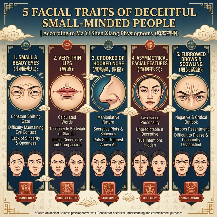 Infographic phân tích 5 đặc điểm khuôn mặt nhận diện kẻ tiểu nhân gian trá theo Ma Y Thần Tướng