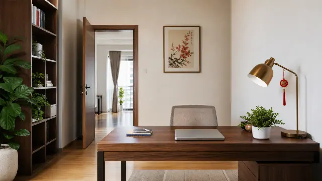 Bàn làm việc gỗ có máy tính đóng, đèn và cây, phía sau là cửa thông sang phòng sáng