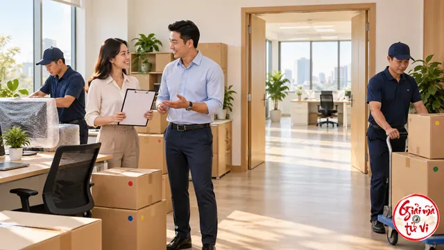 Nhân viên trao đổi giao nhận giữa thùng đồ có dấu màu, màn hình được bọc và lối cửa thông thoáng