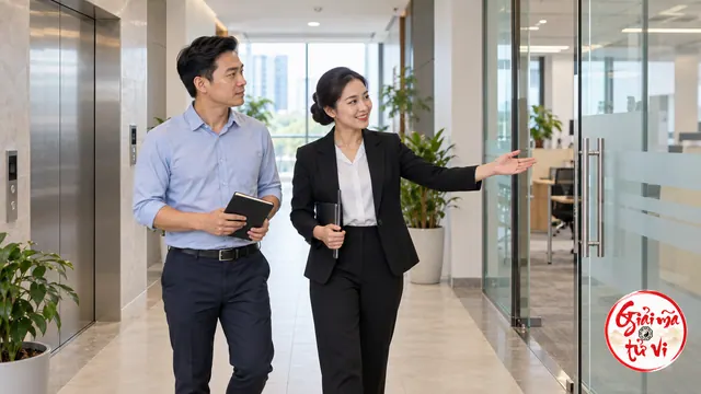 Hai người trao đổi tại hành lang có thang máy và cửa văn phòng vách kính