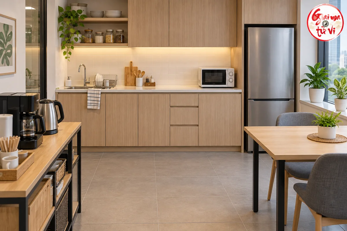 Pantry có quầy pha đồ uống, bồn rửa, lò vi sóng, tủ lạnh và bàn ăn cạnh một lối đi