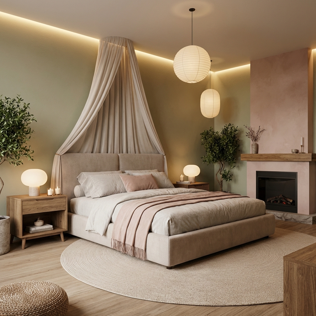 Không gian phòng ngủ bài trí ấm cúng hài hòa phong thủy với đầu giường tựa tường kiên cố và ánh sáng êm dịu