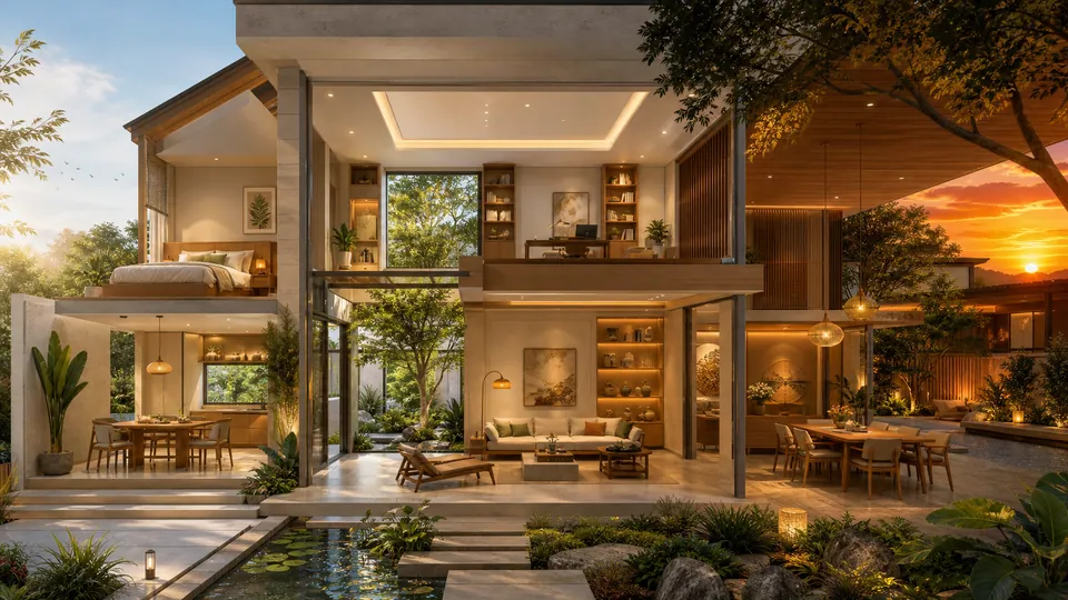 Ngôi nhà Việt hiện đại chuyển từ ánh sáng tự nhiên ban ngày sang hệ chiếu sáng ấm buổi tối