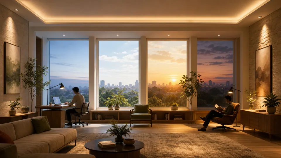 Không gian kết hợp ánh sáng nền công việc điểm nhấn và bốn pha ánh sáng ngày đêm