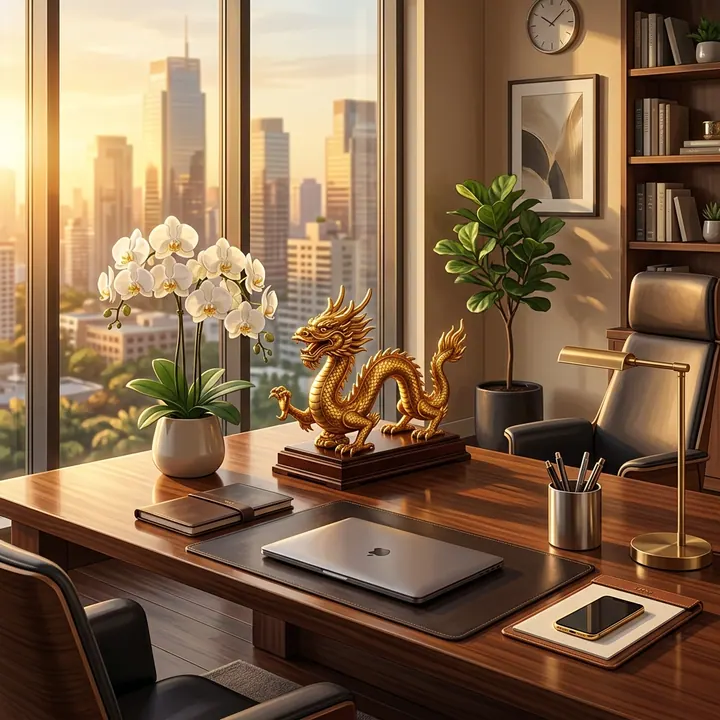 Chi tiết góc bàn làm việc giám đốc với tháp văn xương kim loại, chậu lan hồ điệp trắng và khay tài liệu gọn gàng
