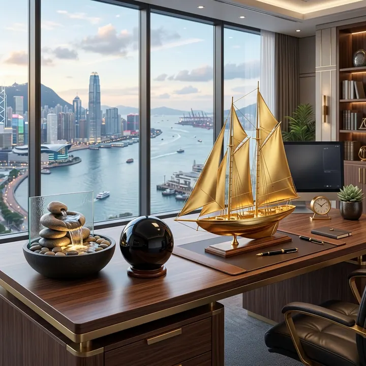 Thuyền buồm phong thủy mạ vàng hướng vào trong bàn làm việc Giám đốc mệnh Thủy