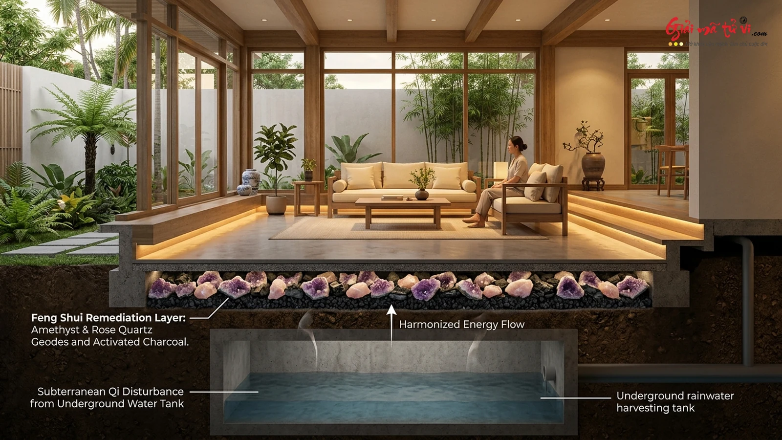 Phác đồ hóa giải xung sát bể nước ngầm đè Trung Cung bằng thạch anh phong thủy và địa sinh học