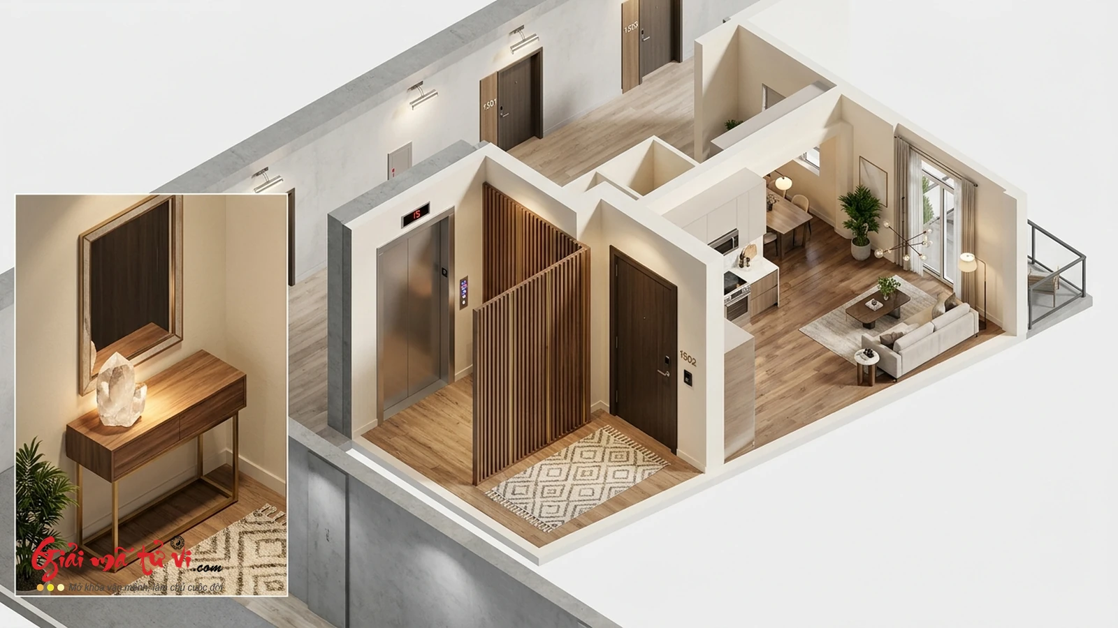 Sơ đồ 3D mặt bằng căn hộ chung cư minh họa cách bố trí tiền sảnh huyền quan hóa giải cửa đối thang máy và hành lang đâm thẳng