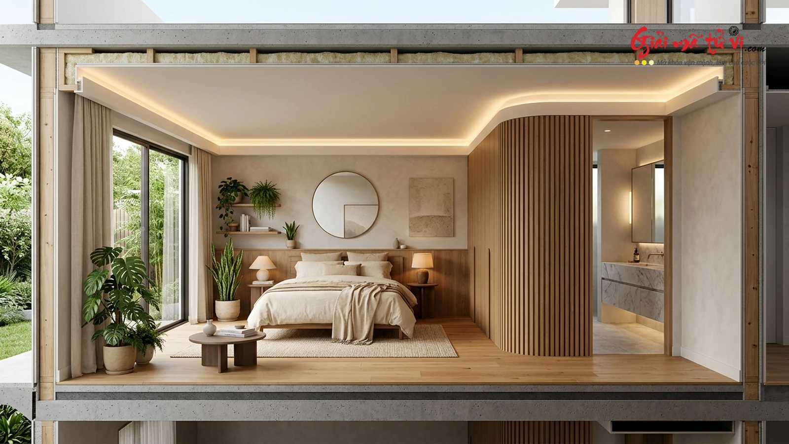 Bản vẽ mặt cắt kiến trúc phòng ngủ chuẩn phong thủy - Hóa giải dầm xà áp đỉnh, gương chiếu giường, uế khí vệ sinh và bức xạ điện từ EMF