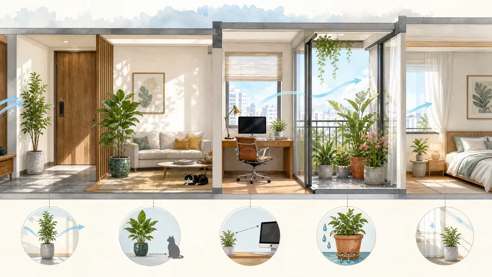 Năm vùng đặt cây trong nhà gồm cửa vào phòng khách bàn làm việc ban công và phòng ngủ