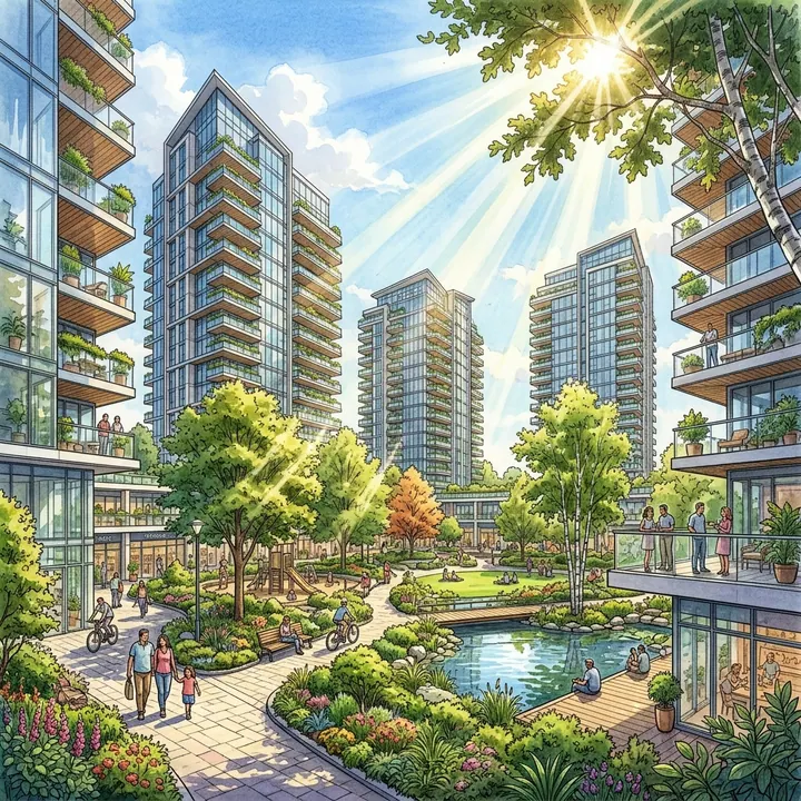 Khuôn viên công viên nội khu rợp bóng cây xanh và hồ nước cảnh quan giữa các tòa tháp chung cư cao tầng đón ánh nắng ban mai