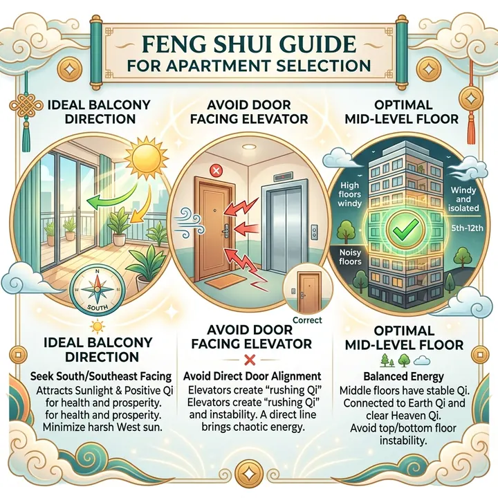 Sơ đồ hướng dẫn tiêu chí chọn căn hộ chung cư gồm chọn hướng ban công đón nắng Nam, tránh cửa căn hộ đối diện thang máy và chọn khoảng tầng trung cân bằng khí trường