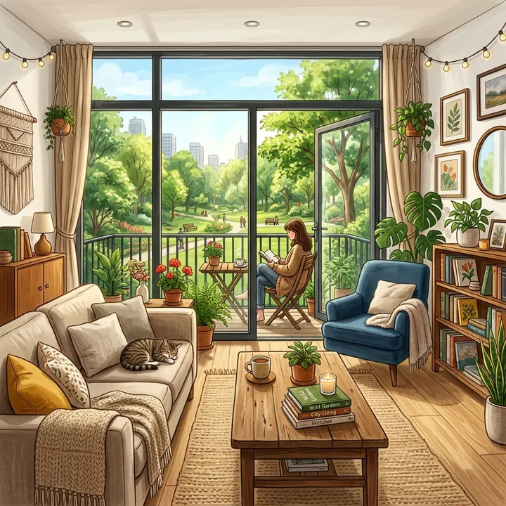 Phòng khách căn hộ chung cư bài trí ấm cúng với cửa kính lớn mở ra ban công nhiều chậu cây xanh nhìn xuống công viên đô thị
