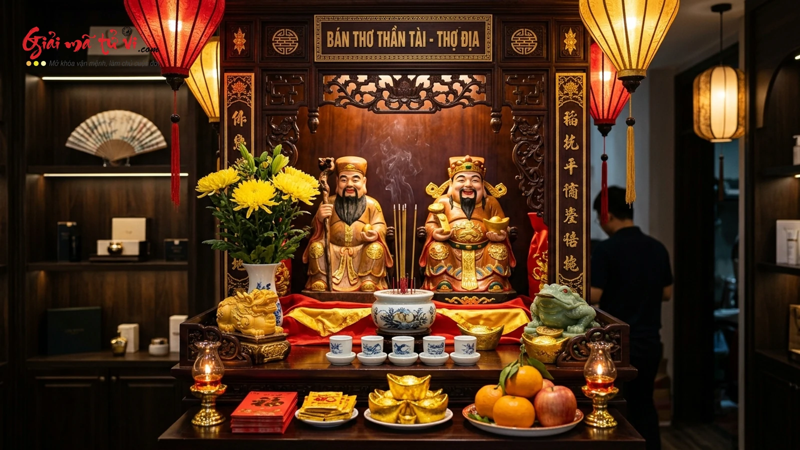 Bàn thờ Thần Tài Thổ Địa cửa hàng kinh doanh trang nghiêm chuẩn ngũ hành chiêu tài tỳ hưu thiềm thừ