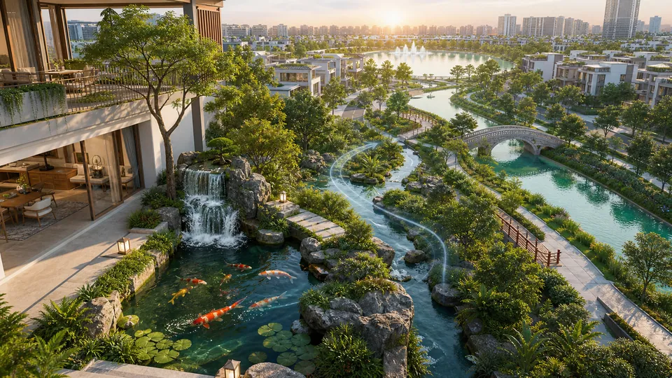 Thiết kế hồ cá Koi thác nước và mạng lưới thủy cảnh đô thị xanh trong Vận 9