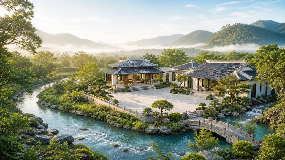 Dòng nước trong uốn lượn ôm lấy minh đường và khu nhà theo Cửu Tinh Thủy Pháp Dương Công