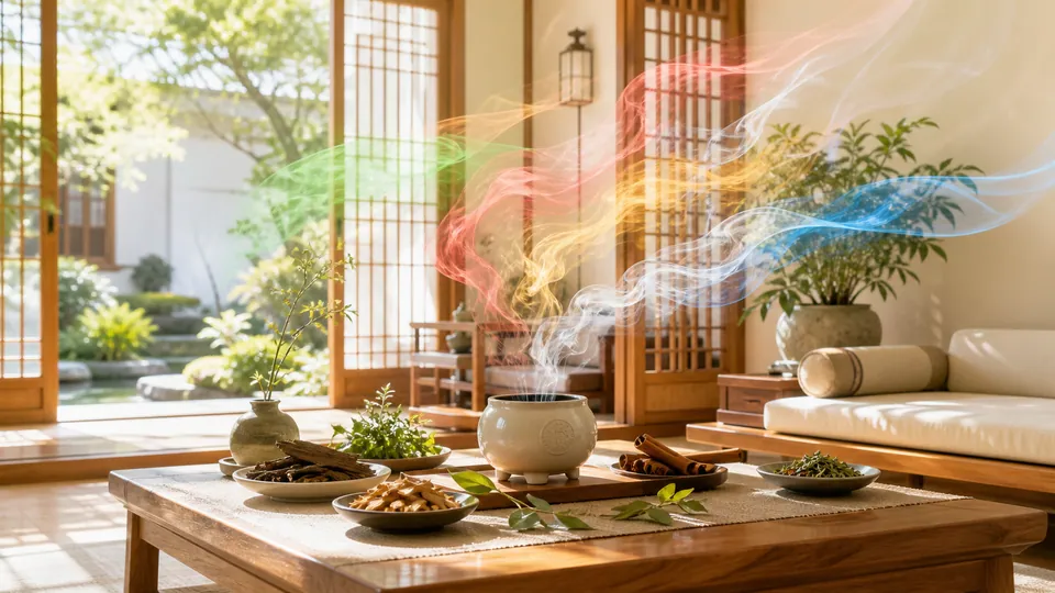Không gian nhà sáng với trầm hương thảo mộc và các luồng hương tượng trưng ngũ hành