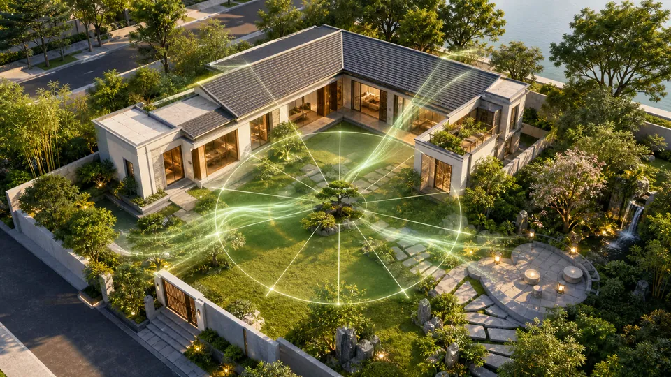 Nhà chữ L và sân vườn được cân bằng bằng tám vùng không gian cùng dòng khí hài hòa