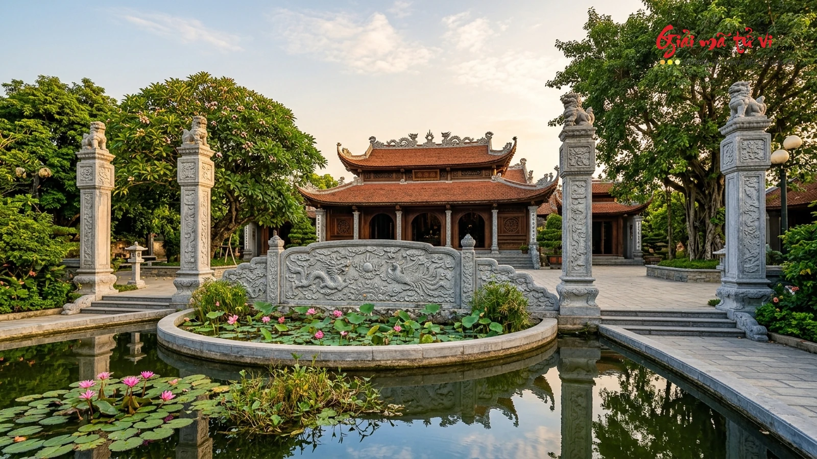 Cảnh Quan Cột Đồng Trụ Cuốn Thư Đá và Hồ Bán Nguyệt Nhà Thờ Họ - Giải Mã Tử Vi