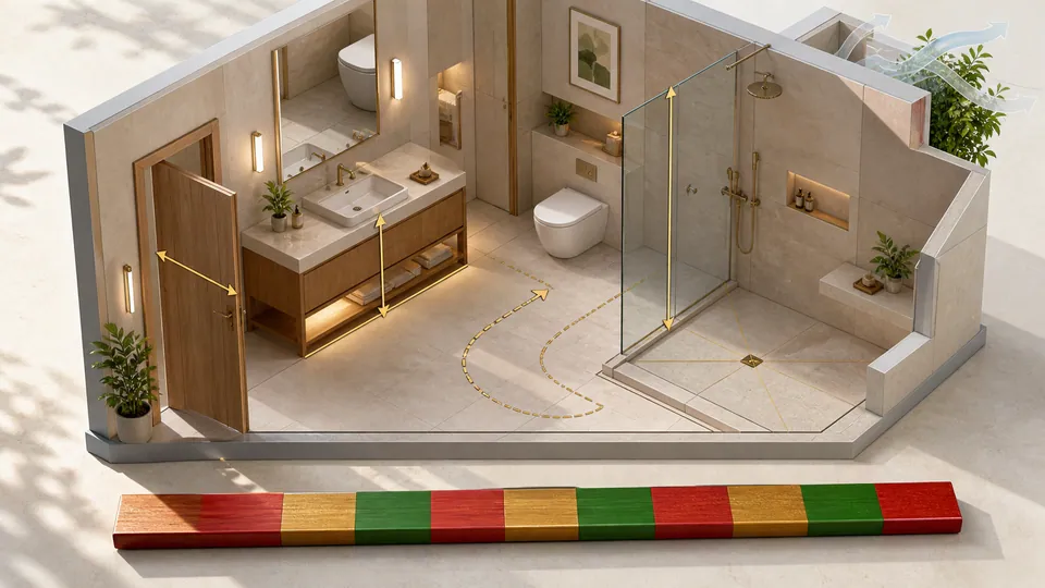 Minh họa kích thước thông thủy cửa chiều cao lavabo vách kính và độ dốc sàn phòng tắm