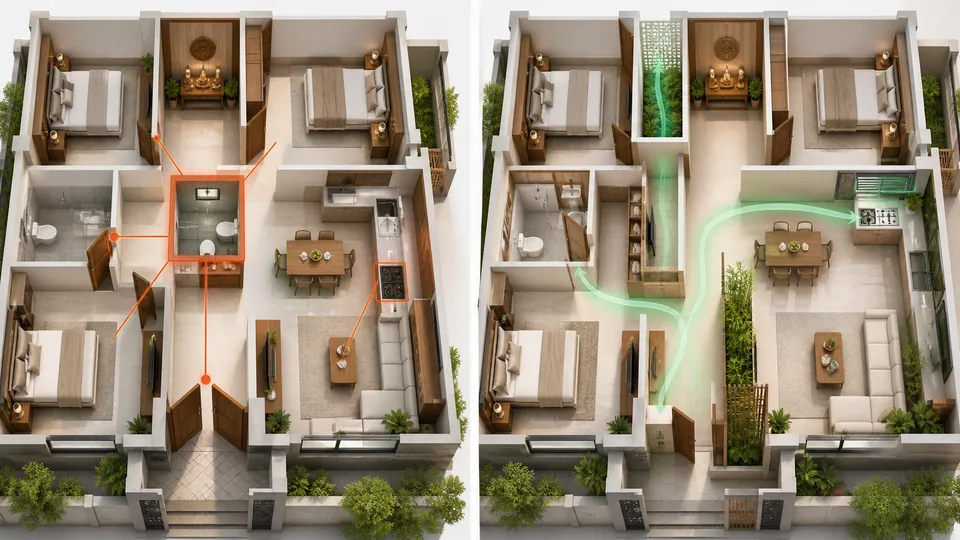 So sánh lỗi đặt nhà vệ sinh giữa nhà gần bếp bàn thờ cửa chính và giải pháp bố trí lại