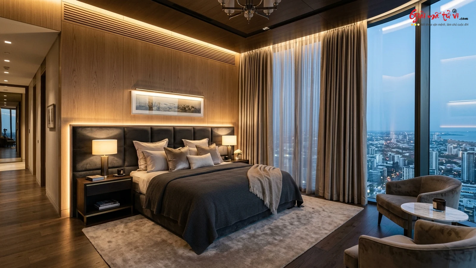 Phòng Ngủ Master Penthouse Áp Mái Tàng Phong Tụ Khí Vách Tựa Vững Chắc Hóa Giải Cường Quang Sát