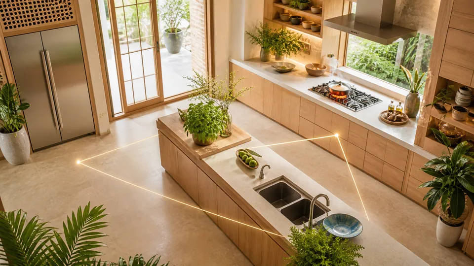 Tam giác công năng giữa bếp chậu rửa và tủ lạnh với bàn gỗ cây xanh ngăn cách thủy hỏa
