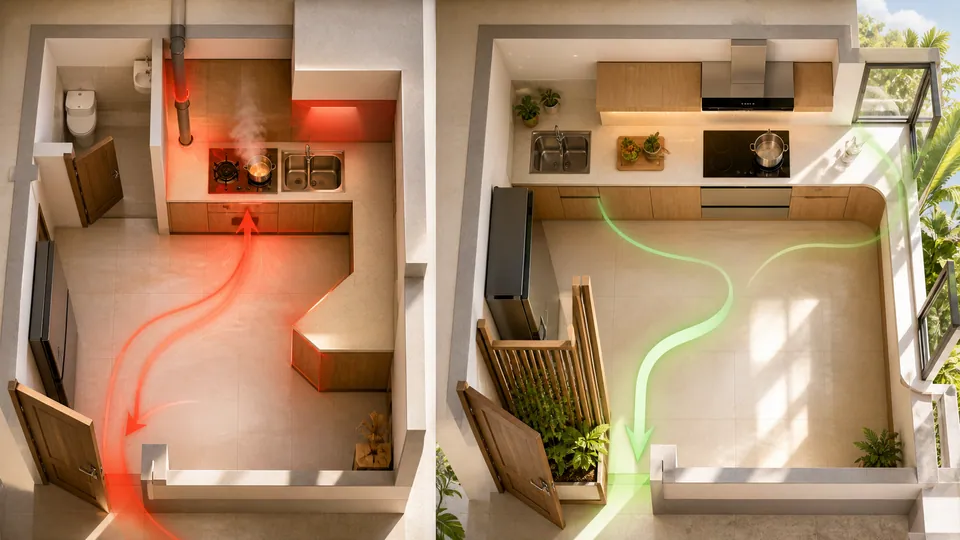 So sánh bếp phạm lỗi gần nhà vệ sinh đối cửa và phương án cải tạo thông thoáng cân bằng