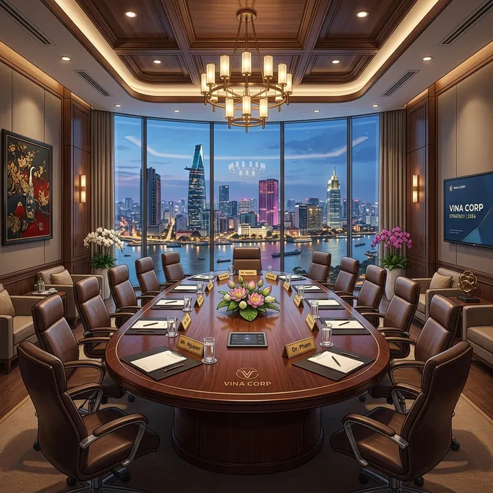 Phòng họp doanh nghiệp sang trọng với bàn gỗ oval bài trí chuẩn phong thủy hướng nhìn ra toàn cảnh thành phố