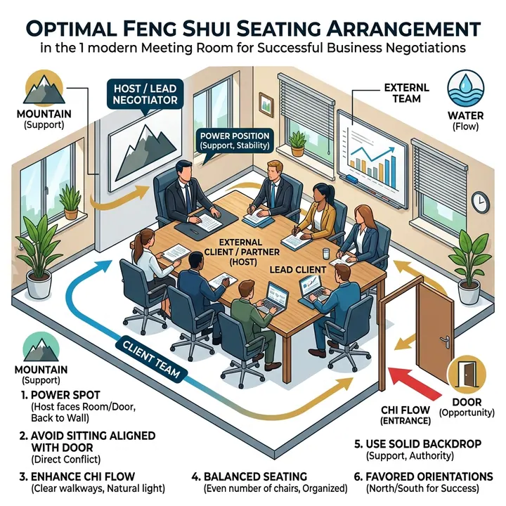 Sơ đồ infographic vị trí ngồi chủ tọa vượng khí và luồng lưu thông khí trường trong phòng họp